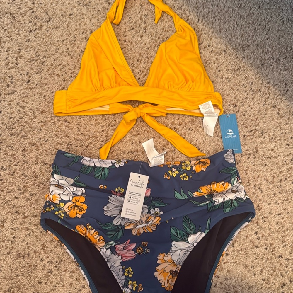 High waisted yellow/floral bikini set, NWT, medium top, large bottom